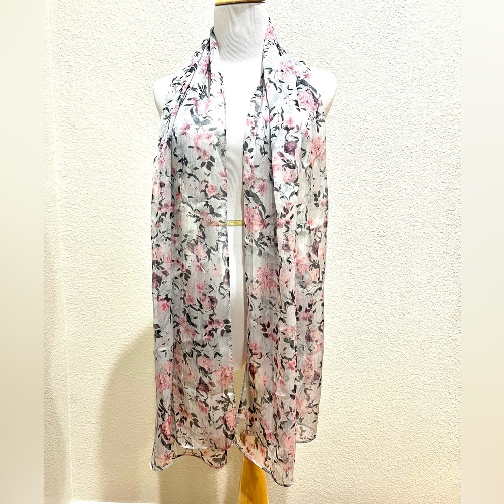 Gray Semi-sheer Floral Scarf
